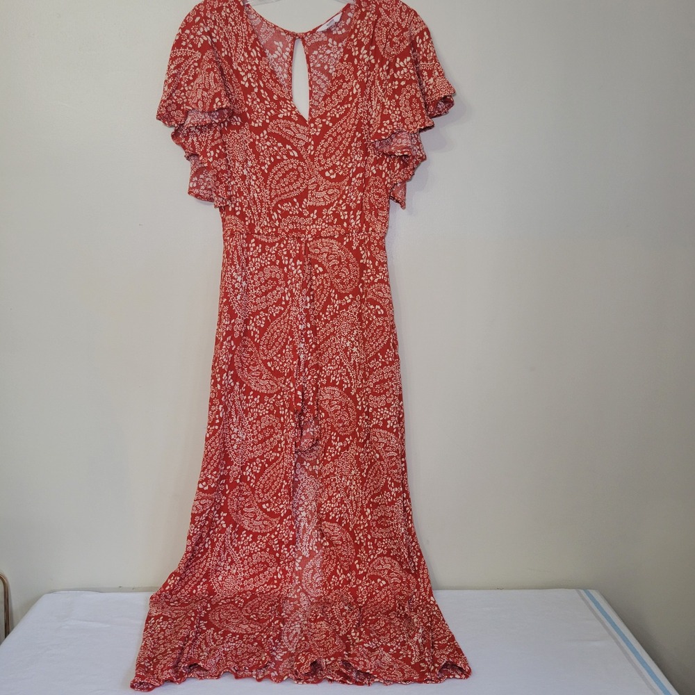 Red Floral Paisley Flutter Sleeve High-Low Romper Dress V-Neck Boho Summer